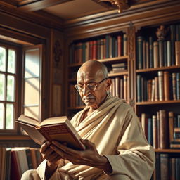 A young Mahatma Gandhi at the age of 30, intensely focused on reading a book in a serene library setting