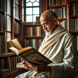 A young Mahatma Gandhi at the age of 30, intensely focused on reading a book in a serene library setting