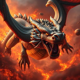 A massive, powerful, and furious dragon is soaring through the fiery sky, displaying an intensely angry expression on its face