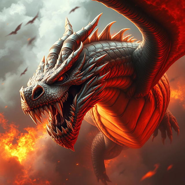 A massive, powerful, and furious dragon is soaring through the fiery sky, displaying an intensely angry expression on its face