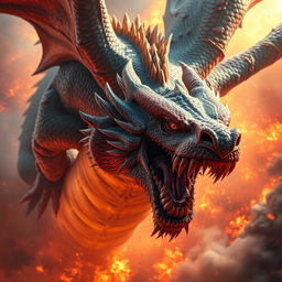 A massive, powerful, and furious dragon is soaring through the fiery sky, displaying an intensely angry expression on its face