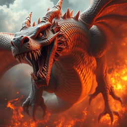 A massive, powerful, and furious dragon is soaring through the fiery sky, displaying an intensely angry expression on its face