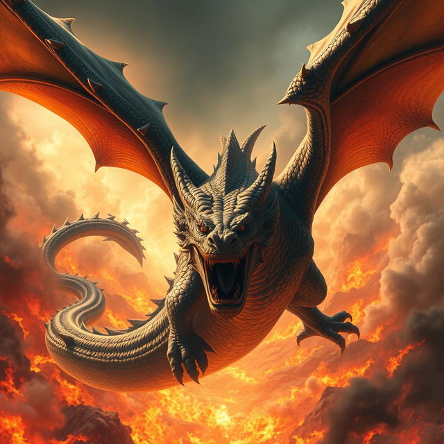 A colossal, powerful, and furious dragon is soaring through a fiery sky, displaying an intensely angry expression with its scaled face at the forefront