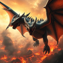 A colossal, powerful, and furious dragon is soaring through a fiery sky, displaying an intensely angry expression with its scaled face at the forefront