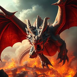 A colossal, powerful, and furious dragon is soaring through a fiery sky, displaying an intensely angry expression with its scaled face at the forefront