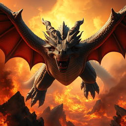 A colossal, powerful, and furious dragon is soaring through a fiery sky, displaying an intensely angry expression with its scaled face at the forefront
