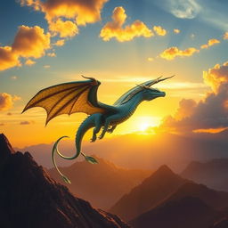 a majestic dragon soaring through a vivid sunset sky, its scales shimmering in hues of blue and green, wings spread wide showing intricate patterns, clouds glowing with golden light, a mountainous landscape beneath, detailed and realistic, capturing the power and grace of the creature