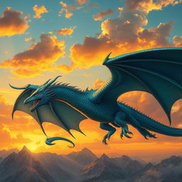 a majestic dragon soaring through a vivid sunset sky, its scales shimmering in hues of blue and green, wings spread wide showing intricate patterns, clouds glowing with golden light, a mountainous landscape beneath, detailed and realistic, capturing the power and grace of the creature