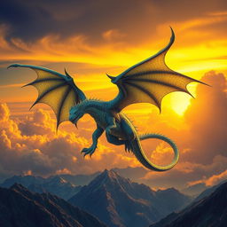 a majestic dragon soaring through a vivid sunset sky, its scales shimmering in hues of blue and green, wings spread wide showing intricate patterns, clouds glowing with golden light, a mountainous landscape beneath, detailed and realistic, capturing the power and grace of the creature