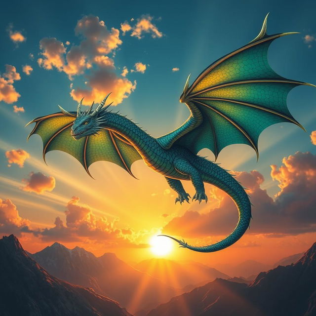 a majestic dragon soaring through a vivid sunset sky, its scales shimmering in hues of blue and green, wings spread wide showing intricate patterns, clouds glowing with golden light, a mountainous landscape beneath, detailed and realistic, capturing the power and grace of the creature