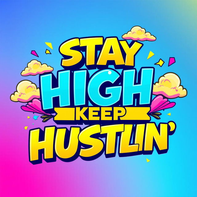 A vibrant and motivational text design featuring the phrase 'STAY HIGH KEEP HUSTLIN'' in bold, dynamic typography