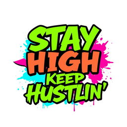 A striking and energetic text design featuring the phrase 'STAY HIGH KEEP HUSTLIN'' prominently displayed in bold, eye-catching typography