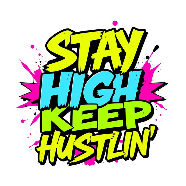 A striking and energetic text design featuring the phrase 'STAY HIGH KEEP HUSTLIN'' prominently displayed in bold, eye-catching typography