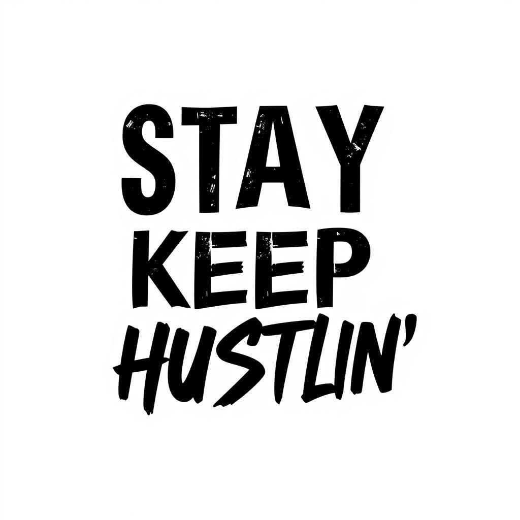 A sleek and minimalist text design featuring the phrase 'STAY HIGH KEEP HUSTLIN'' prominently displayed in bold, robust black typography