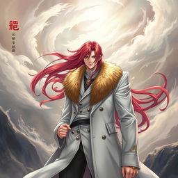 A striking light novel cover featuring a tall male character with long crimson red hair flowing elegantly