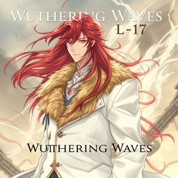 A striking light novel cover featuring a tall male character with long crimson red hair flowing elegantly