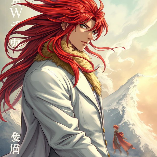 A striking light novel cover featuring a tall male character with long crimson red hair flowing elegantly