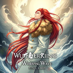 A striking light novel cover featuring a tall male character with long crimson red hair flowing elegantly
