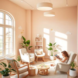 A serene, beautifully lit solution bank for mothers and babies, featuring cozy areas for breastfeeding, play, and relaxation