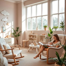 A serene, beautifully lit solution bank for mothers and babies, featuring cozy areas for breastfeeding, play, and relaxation