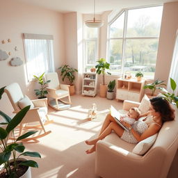 A serene, beautifully lit solution bank for mothers and babies, featuring cozy areas for breastfeeding, play, and relaxation