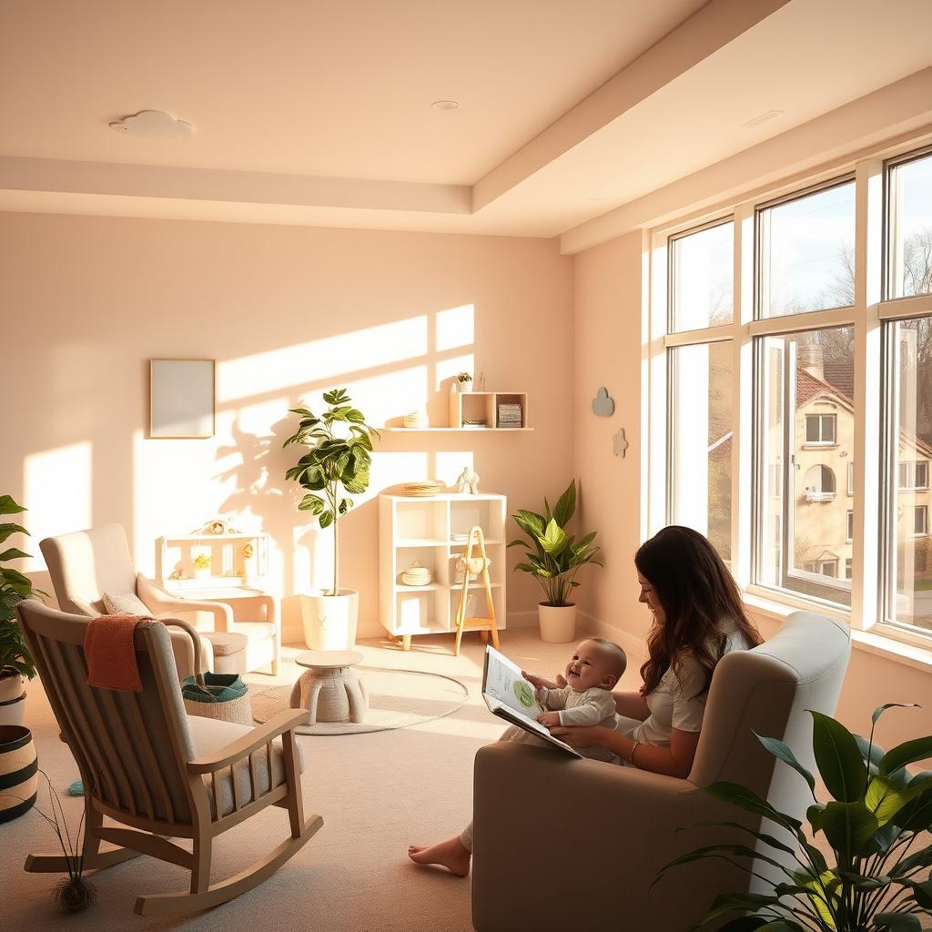 A serene, beautifully lit solution bank for mothers and babies, featuring cozy areas for breastfeeding, play, and relaxation