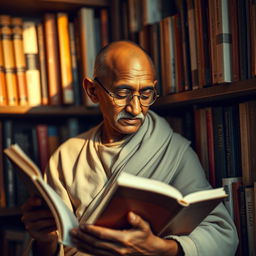 A historic scene with a young Mahatma Gandhi at the age of 30, deeply engrossed in reading a book