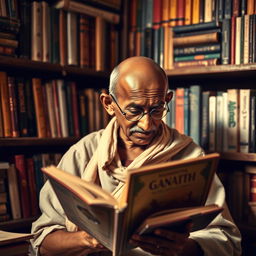 A historic scene with a young Mahatma Gandhi at the age of 30, deeply engrossed in reading a book