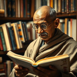 A historic scene with a young Mahatma Gandhi at the age of 30, deeply engrossed in reading a book