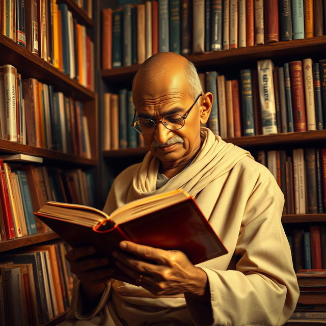 A historic scene with a young Mahatma Gandhi at the age of 30, deeply engrossed in reading a book