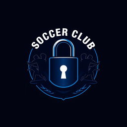 A dark blue soccer club team logo featuring a stylized lock as the central theme
