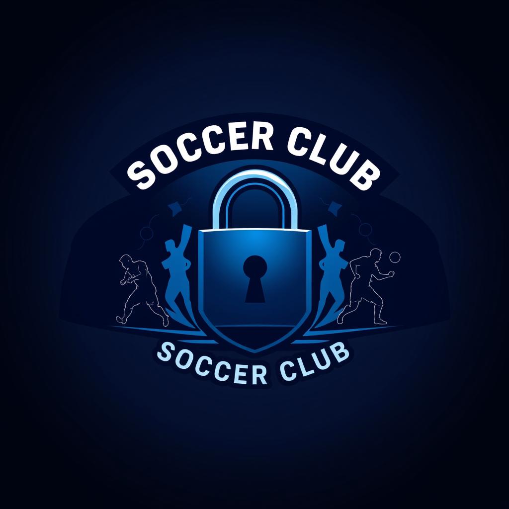 A dark blue soccer club team logo featuring a stylized lock as the central theme