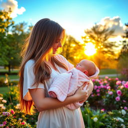 A heartwarming scene of a mother holding her baby in a peaceful park during the golden hour