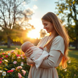 A heartwarming scene of a mother holding her baby in a peaceful park during the golden hour