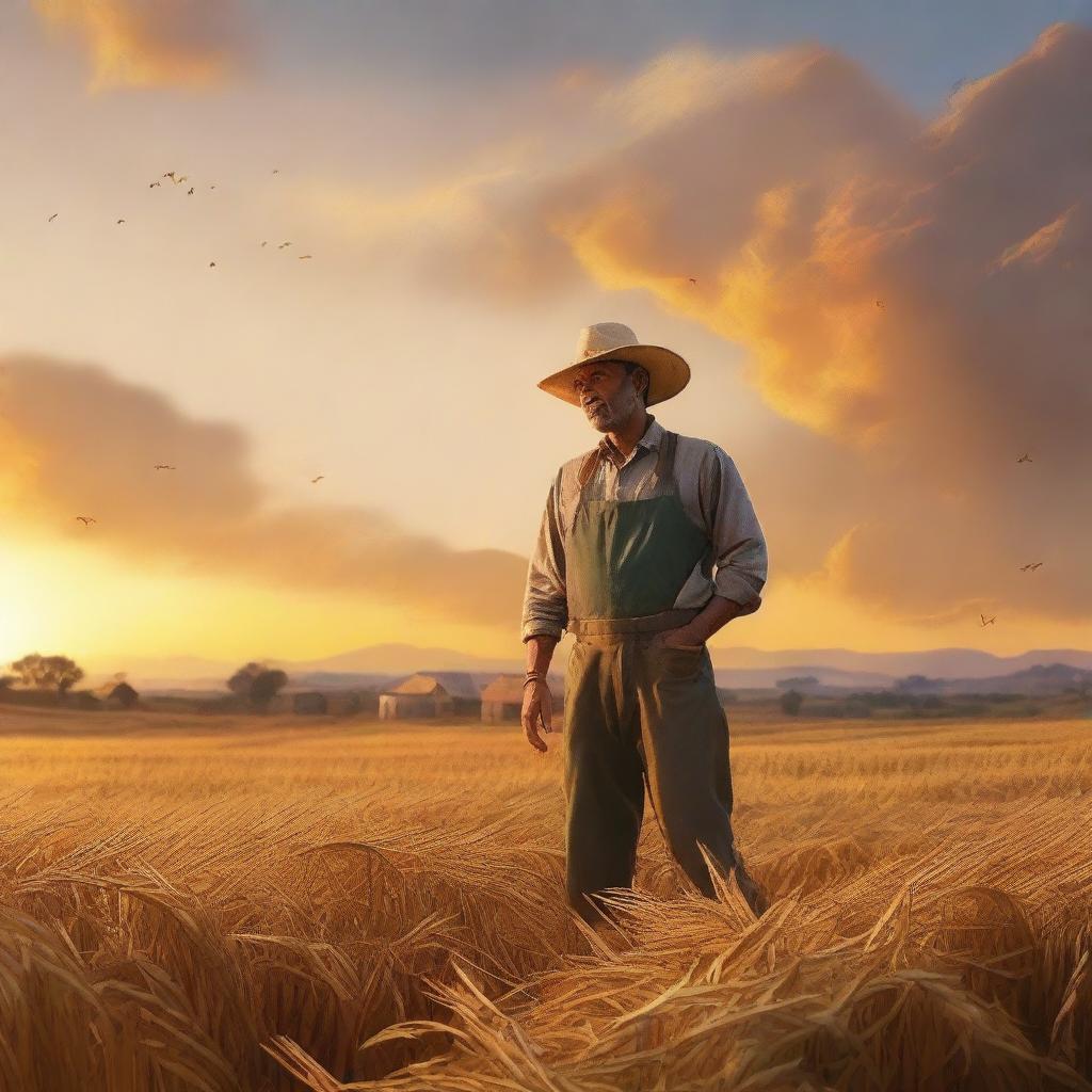 An image of highest quality, showcasing a man engaged in farming activities, with the golden hues of the sunset painting the sky in the background