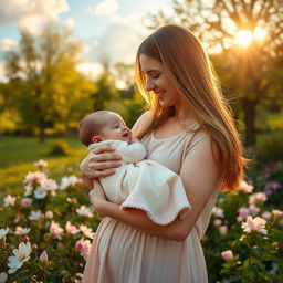 A heartwarming scene of a mother holding her baby in a peaceful park during the golden hour