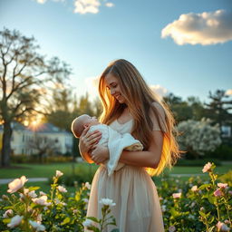 A heartwarming scene of a mother holding her baby in a peaceful park during the golden hour