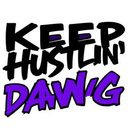 An engaging text design featuring the phrase 'KEEP HUSTLIN' DAWG' prominently displayed in bold black and vibrant purple typography
