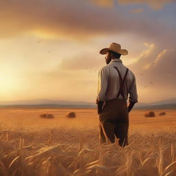 An image of highest quality, showcasing a man engaged in farming activities, with the golden hues of the sunset painting the sky in the background