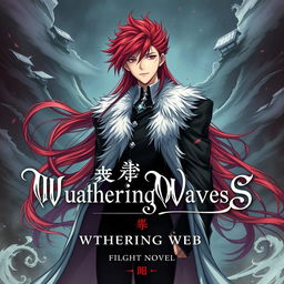 A light novel cover featuring a tall, striking male character with long crimson red hair styled in a flowing manner