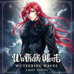 A light novel cover featuring a tall, striking male character with long crimson red hair styled in a flowing manner