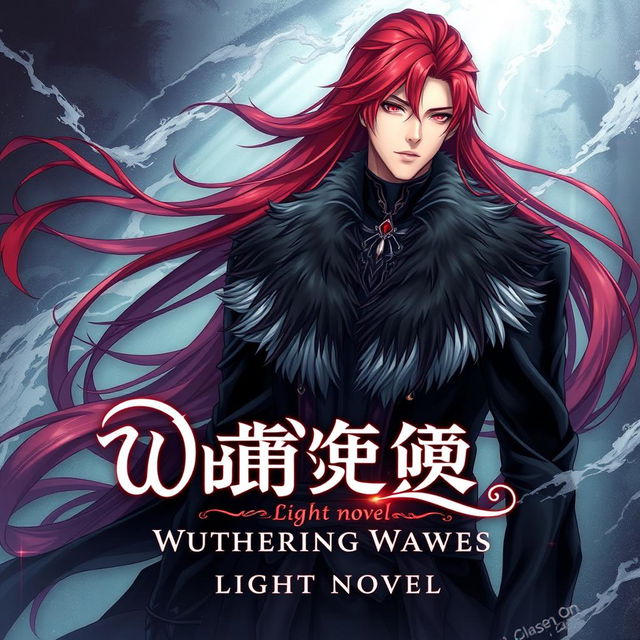 A light novel cover featuring a tall, striking male character with long crimson red hair styled in a flowing manner