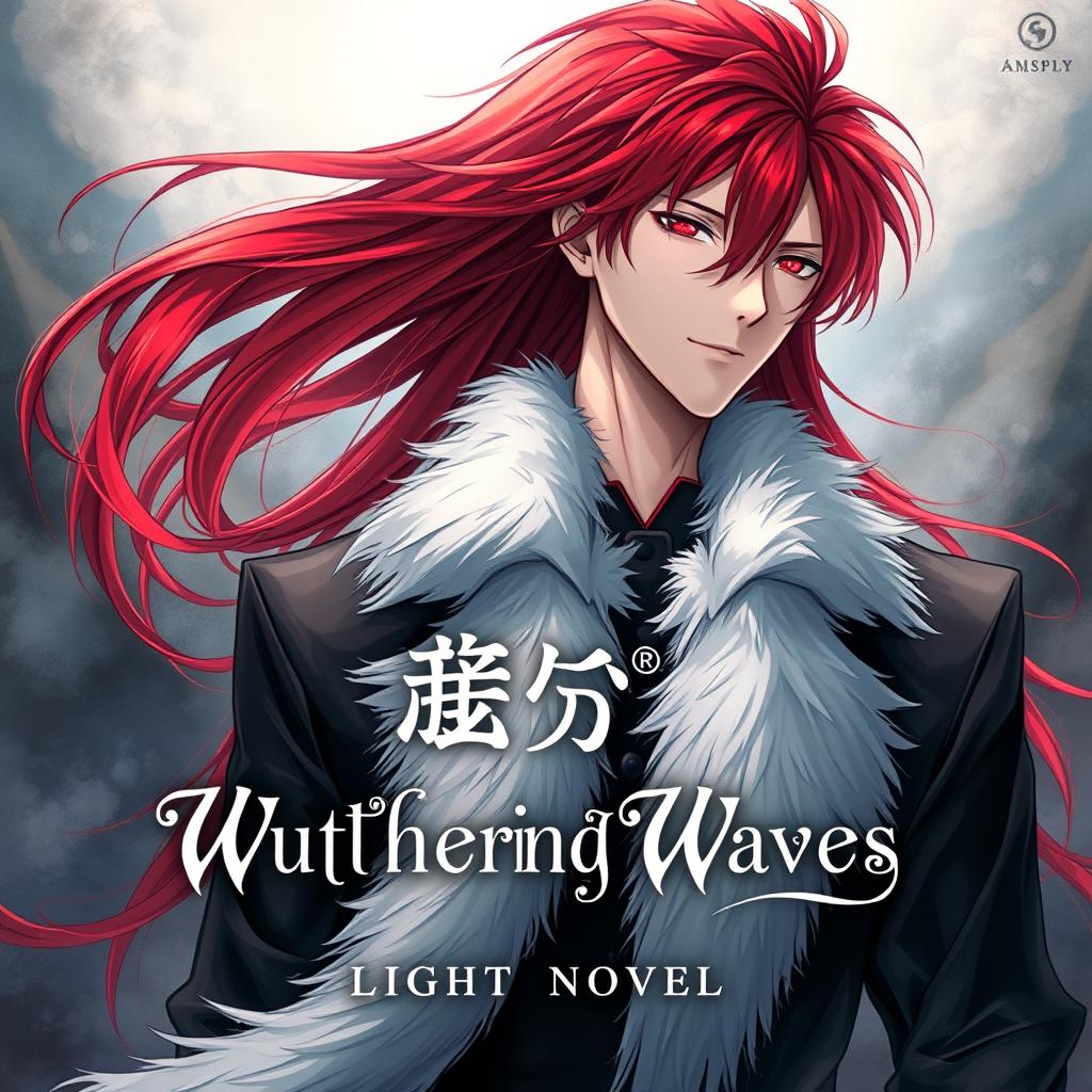 A light novel cover featuring a tall, striking male character with long crimson red hair styled in a flowing manner