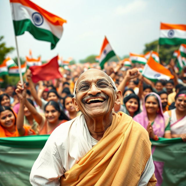 A historic photograph capturing Mahatma Gandhi joyfully rejoicing at India's independence