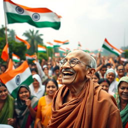 A historic photograph capturing Mahatma Gandhi joyfully rejoicing at India's independence