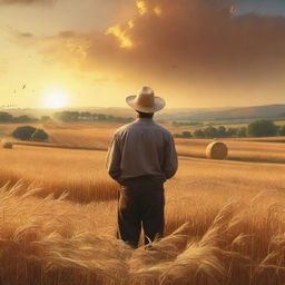 An image of highest quality, showcasing a man engaged in farming activities, with the golden hues of the sunset painting the sky in the background