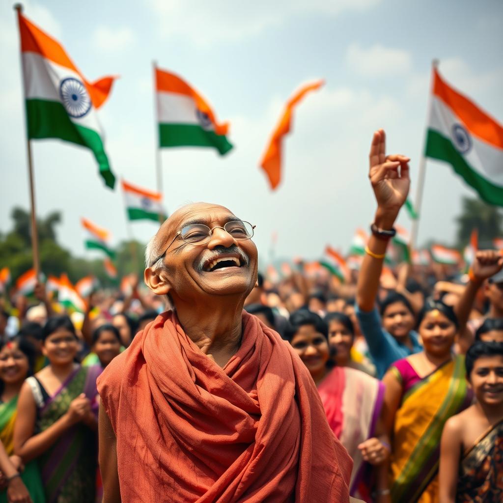 A historic photograph capturing Mahatma Gandhi joyfully rejoicing at India's independence