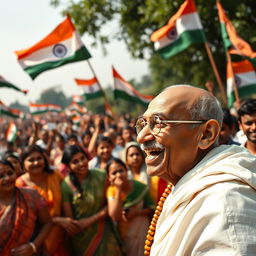 A historic photograph capturing Mahatma Gandhi joyfully rejoicing at India's independence
