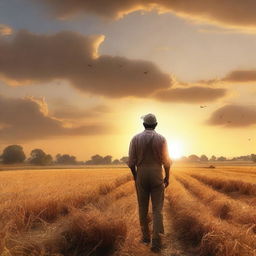 An image of highest quality, showcasing a man engaged in farming activities, with the golden hues of the sunset painting the sky in the background