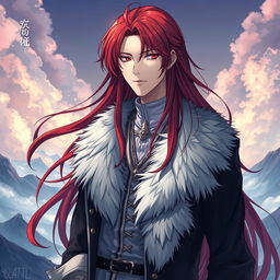 A fantasy light novel cover featuring a tall male character with long, flowing crimson red hair